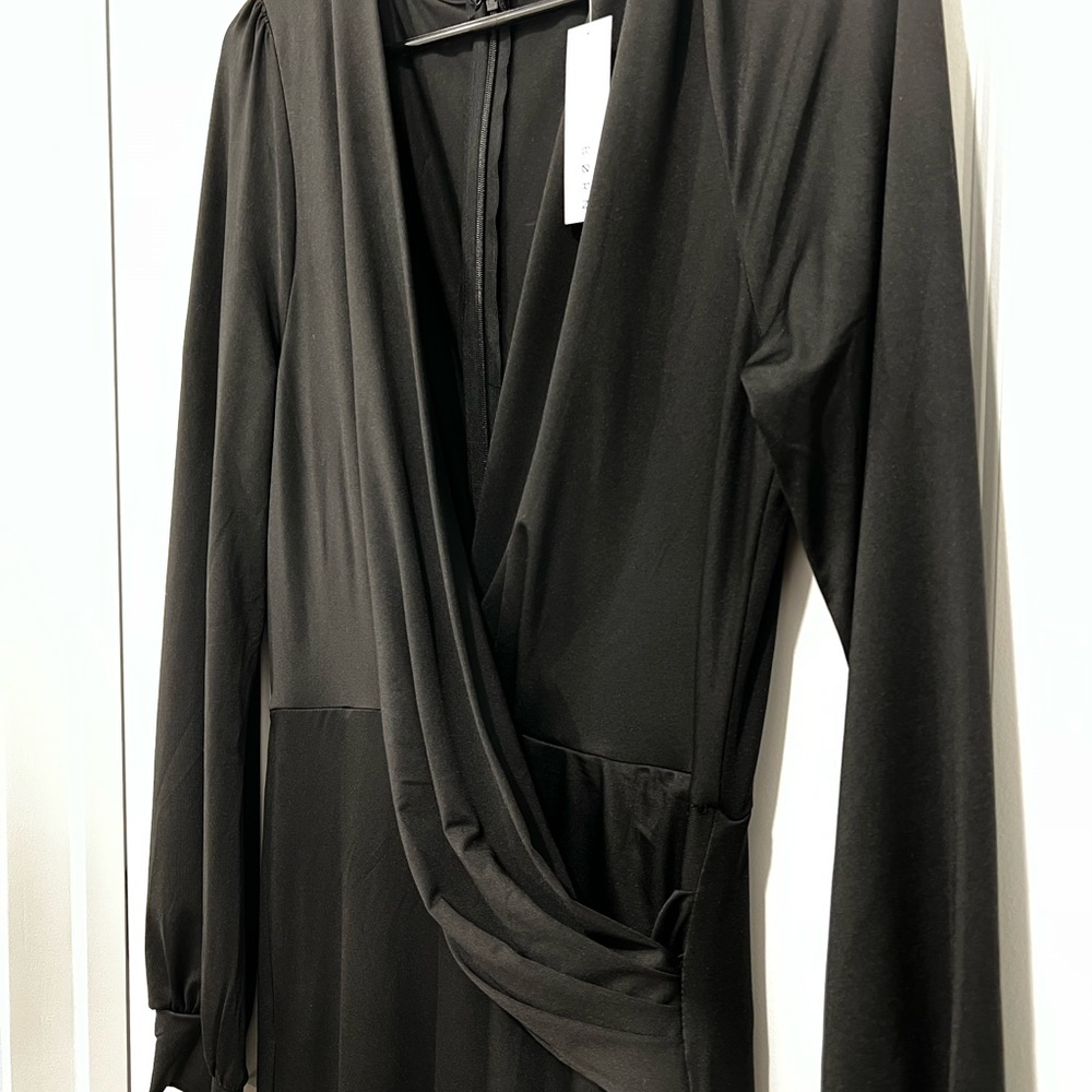 Baltic Born Black Wrap Maxi Gown with Plunge Neckline and Long Bishop Sleeves
